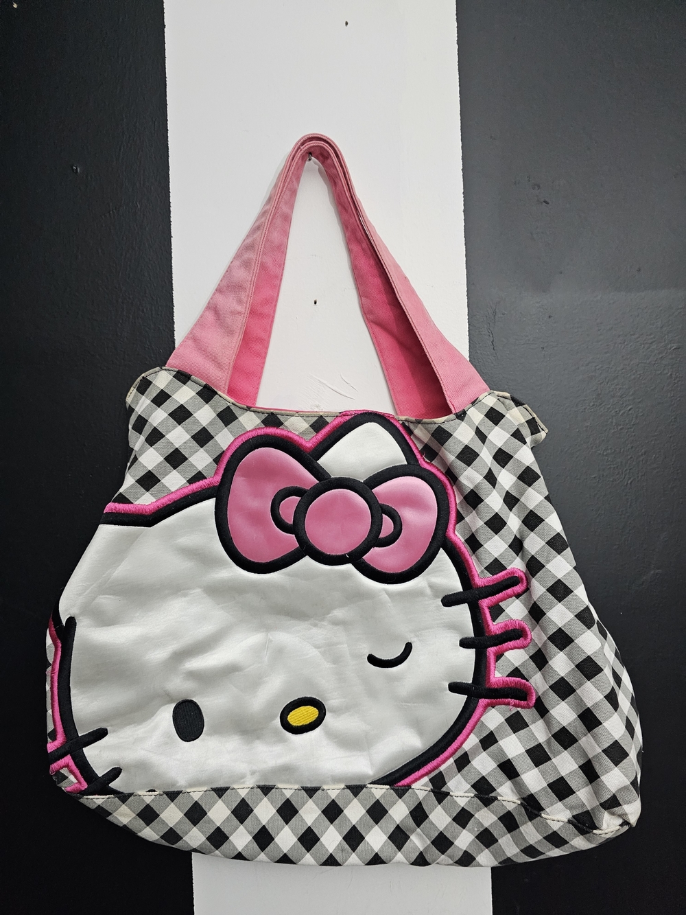 Sanrio Black & White Check Pink-Accent Hello Tote
